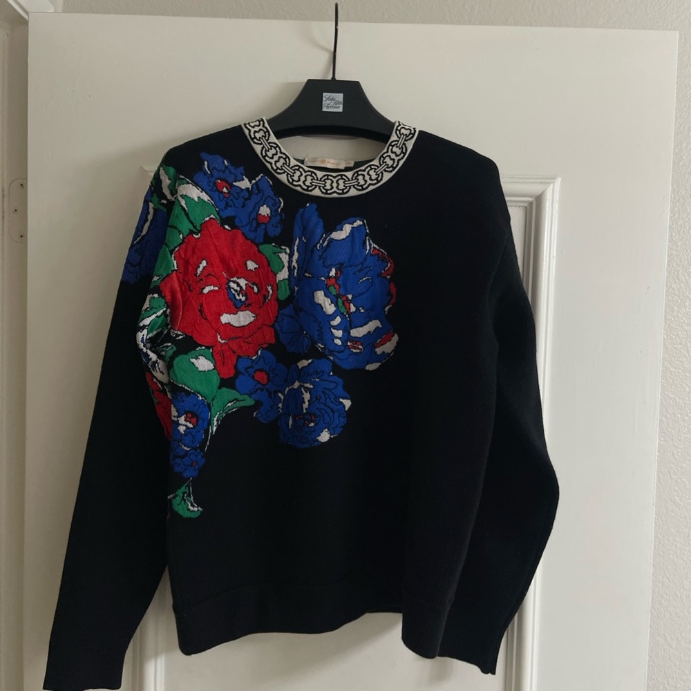 Tory Burch Black Sweater with Red and Blue Floral Design